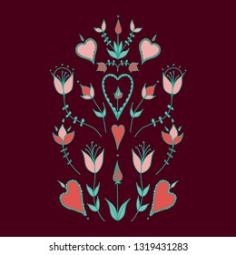 Oranment in folk style. folk motif. stylized flowers. hearts and flowers. stylization of natural motive