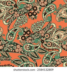 Orante damask textile background. Paisley seamless pattern