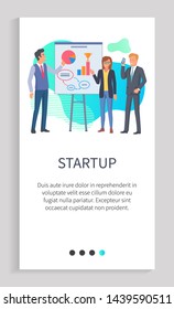 Orator giving ideas of his business project vector. Investors listening to presentation, man showing diagram and infocharts, business strategy. Slider for business app with startup team