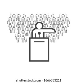 Orator on the podium and the crowd behind him. Vector flat line icon.