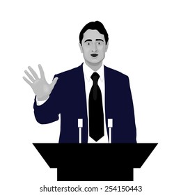 Orator with open hand. Speaker makes a report to the public and the press. Eloquent speech before an audience. Rhetoric. Oratory, politician, businessman. Black and white. Vector. Icon.