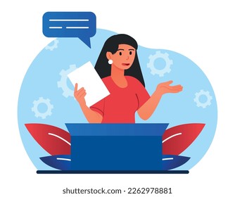 Orator at public speaking. Woman with document giving lecture. Business conference and presentation, meeting. Female leader at public speaking before audience. Cartoon flat vector illustration
