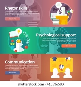 Orator skills. Psychological support. Art of speaking. Social relations and people communication banners set. Vector design concept. 
