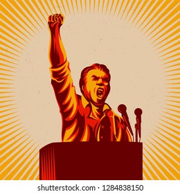 Orator speak from tribune with his hand raised in the air vector illustration. Revolution public statement. Political protest activism.