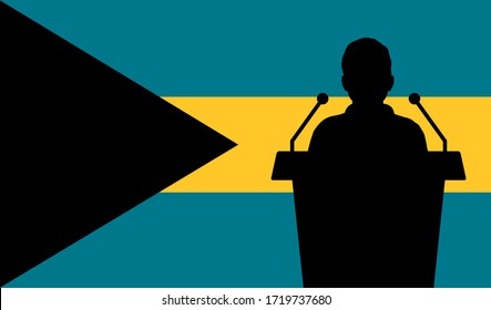 Orator Speaking From Tribune Bahamas Flag Background. Public Speaker Speech In Bahamas. Businessman Presentation Conference Concept.