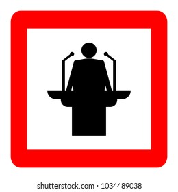 Orator speaking from tribune. Black on white background, red square sign, vector