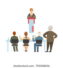 Orator speaking from the tribune, business meeting vector Illustration