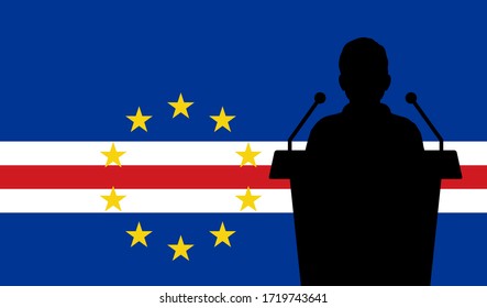 Orator Speaking From Tribune Cape Verde Flag Background. Public Speaker Speech In Cape Verde. Businessman Presentation Conference Concept.