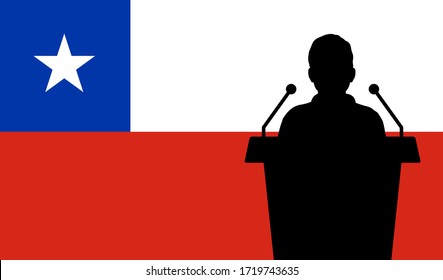 Orator Speaking From Tribune Chile Flag Background. Public Speaker Speech In Chile. Businessman Presentation Conference Concept.