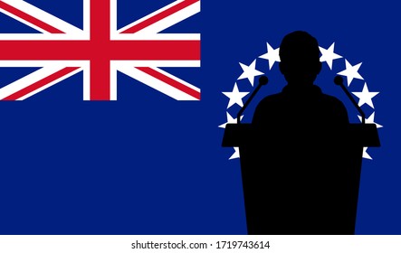 Orator Speaking From Tribune Cook Islands Flag Background. Public Speaker Speech In Cook Islands. Businessman Presentation Conference Concept.