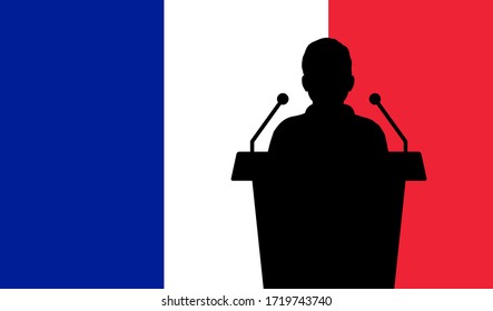 Orator Speaking From Tribune France Flag Background. Public Speaker Speech In France. Businessman Presentation Conference Concept.