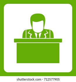 Orator speaking from tribune icon white isolated on green background. Vector illustration