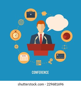 orator speaking from tribune and icons. business conference flat style illustration