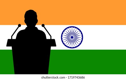 Orator Speaking From Tribune India Flag Background. Public Speaker Speech In India. Businessman Presentation Conference Concept.