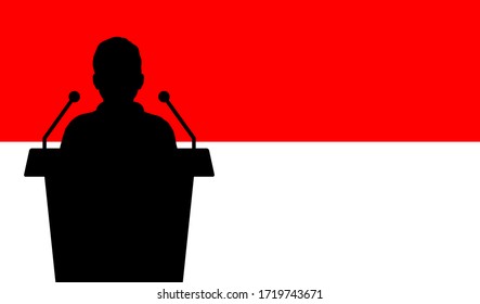 Orator Speaking From Tribune Indonesia Flag Background. Public Speaker Speech In Indonesia. Businessman Presentation Conference Concept.