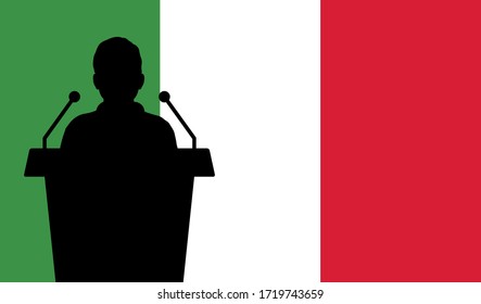 Orator Speaking From Tribune Italy Flag Background. Public Speaker Speech In Italy. Businessman Presentation Conference Concept.
