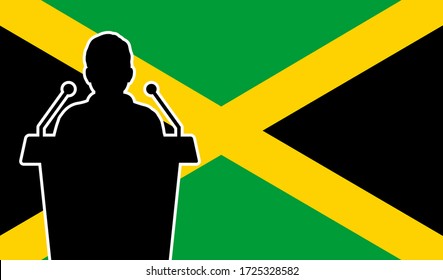 Orator Speaking From Tribune Jamaica Flag Background. Public Speaker Speech In Jamaica. Businessman Presentation Conference Concept.