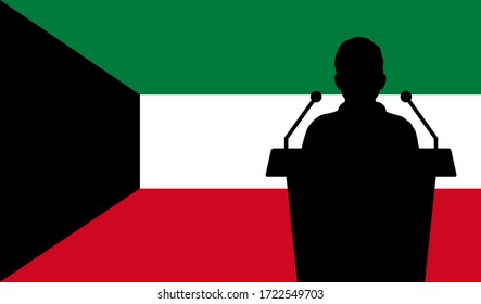 Orator Speaking From Tribune Kuwait Flag Background. Public Speaker Speech In Kuwait. Businessman Presentation Conference Concept.