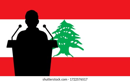 Orator Speaking From Tribune Lebanon Flag Background. Public Speaker Speech In Lebanon. Businessman Presentation Conference Concept.