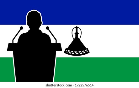 Orator Speaking From Tribune Lesotho Flag Background. Public Speaker Speech In Lesotho. Businessman Presentation Conference Concept.