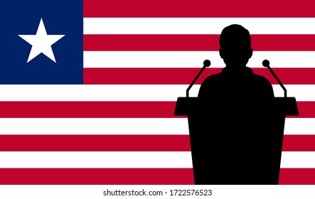 Orator Speaking From Tribune Liberia Flag Background. Public Speaker Speech In Liberia. Businessman Presentation Conference Concept.