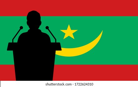 Orator Speaking From Tribune Mauritania Flag Background. Public Speaker Speech In Mauritania. Businessman Presentation Conference Concept.