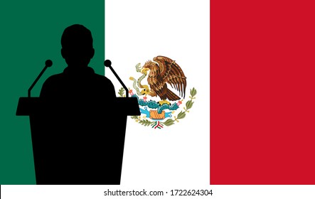 Orator Speaking From Tribune Mexico Flag Background. Public Speaker Speech In Mexico. Businessman Presentation Conference Concept.