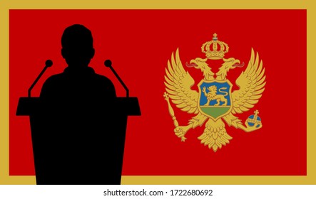 Orator Speaking From Tribune Montenegro Flag Background. Public Speaker Speech In Montenegro. Businessman Presentation Conference Concept.