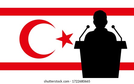 Orator Speaking From Tribune Northern Cyprus Flag Background. Public Speaker Speech In Northern Cyprus. Businessman Presentation Conference Concept.