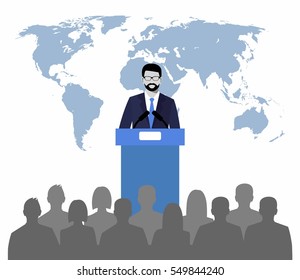 orator speaking from tribune on a background map of the world. public speaker and crowd