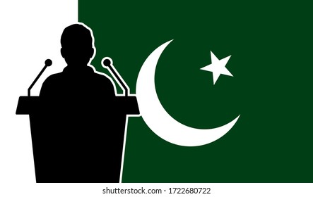 Orator Speaking From Tribune Pakistan Flag Background. Public Speaker Speech In Pakistan. Businessman Presentation Conference Concept.