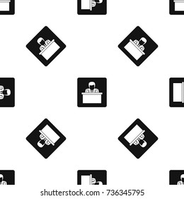 Orator speaking from tribune pattern repeat seamless in black color for any design. Vector geometric illustration