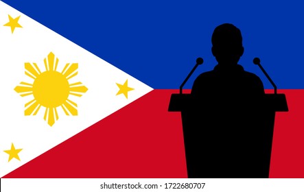 Orator Speaking From Tribune Philippines Flag Background. Public Speaker Speech In Philippines. Businessman Presentation Conference Concept.