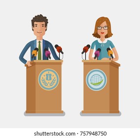 Orator speaking from tribune, podium. Press conference, interview concept. Vector flat illustration
