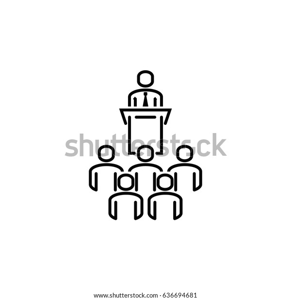 Orator speaking from tribune. Politician
speaks to an audience outline vector
icon.