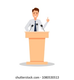 Orator Speaking From Tribune.
Public Speaker Character Vector Illustration. Business Man Speaking Speach.