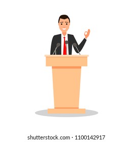 Orator speaking from tribune. Public speaker character vector Illustration. Man in black suit standing behind tribune.