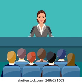 orator speaking from tribune. public speaker and crowd on chairs. vector illustration in flat style