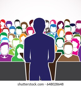 Orator Speaking From Tribune. Public Speaker And Crowd. Vector Illustration In Flat Style