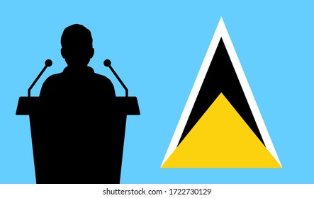 Orator Speaking From Tribune Saint Lucia Flag Background. Public Speaker Speech In Saint Lucia. Businessman Presentation Conference Concept.