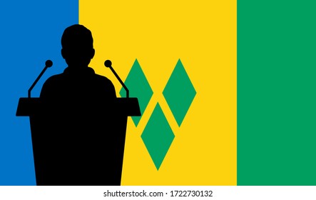 Orator Speaking From Tribune Saint Vincent Flag Background. Public Speaker Speech In Saint Vincent. Businessman Presentation Conference Concept.