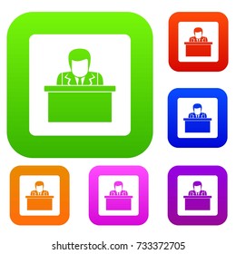 Orator speaking from tribune set icon color in flat style isolated on white. Collection sings vector illustration