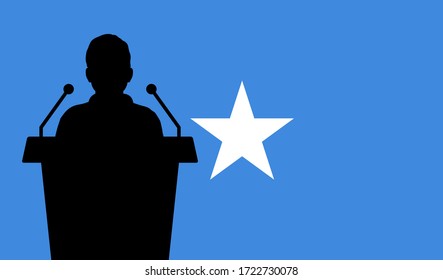 Orador Hablando Desde El Fondo De La Bandera De Tribune Somalia. Discurso Del Orador Público En Somalia. Concepto de la Conferencia de Presentación de Empresarios.