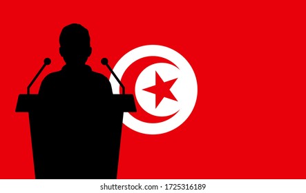 Orator Speaking From Tribune Tunisia Flag Background. Public Speaker Speech In Tunisia. Businessman Presentation Conference Concept.