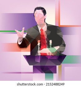 Orator speaking from tribune vector. Speaker politician icon debate. Triangulation illustration of triangles. Speaks with gestures. Appeal to the politics oratory public. Microphones on podium.