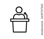 Orator speaks behind simple podium. Icon symbol illustration