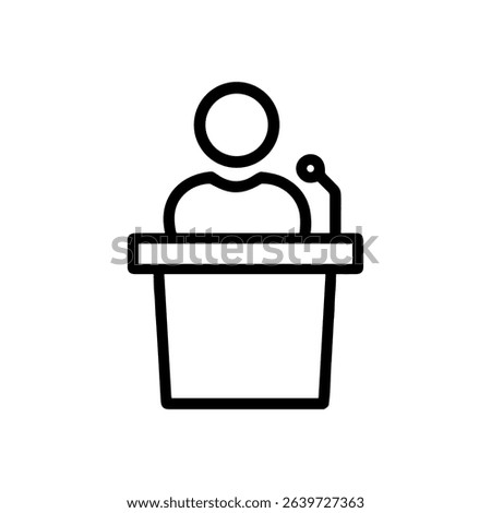 Orator speaks behind simple podium. Icon symbol illustration