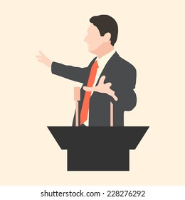 Orator Speaks With Broad Gestures Behind A Podium. Speaker Makes A Report To The Public And The Press. Eloquent Speech Before An Audience. Rhetoric. Oratory, Politician, Businessman. Vector. Icon.