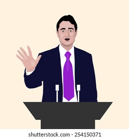 Orator speaks with broad gestures behind a podium. Speaker makes a report to the public and the press. Eloquent speech before an audience. Rhetoric. Oratory, politician, businessman. Vector. Icon.