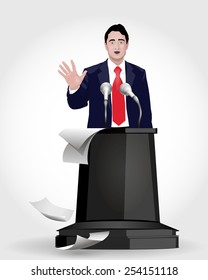 Orador fala com gestos largos atrás de um pódio. O orador faz um relatório ao público e à imprensa. Discurso eloquente perante uma audiência. Retórica. Oratória, política, homem de negócios. Vetor. Ícone.